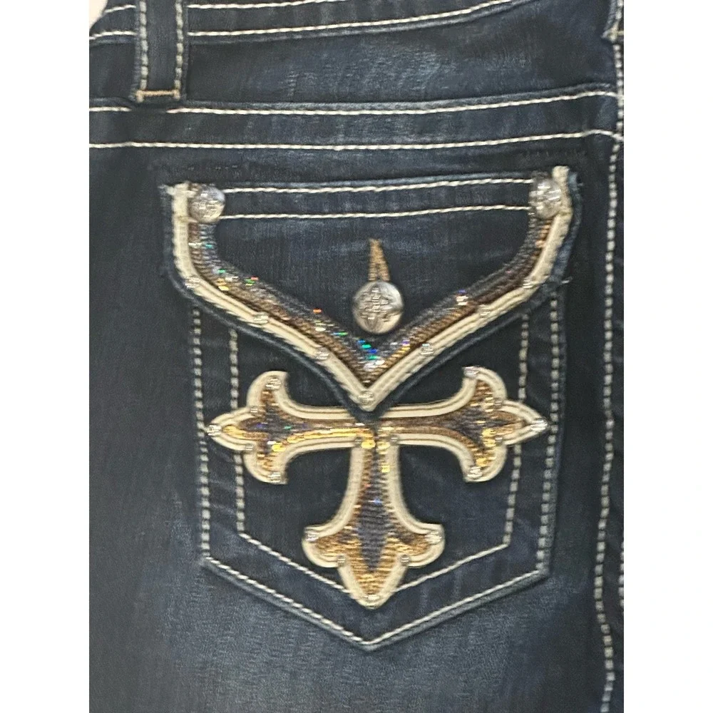MISS ME Signature Sequin Cross Low Rise Rhinestone Flap Skinny Jeans‎ SZ 30